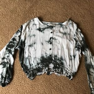 Navy & White Tie Dye Crop Long Sleeve Top